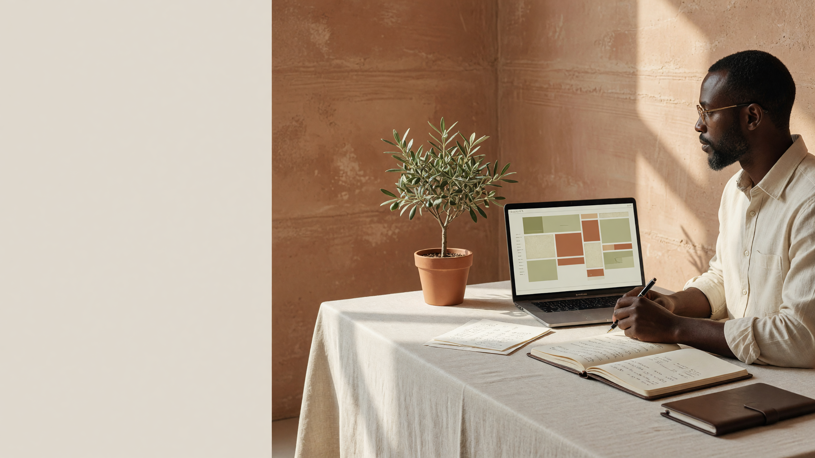 A consultant reviewing financial notes in a calm, sunlit office